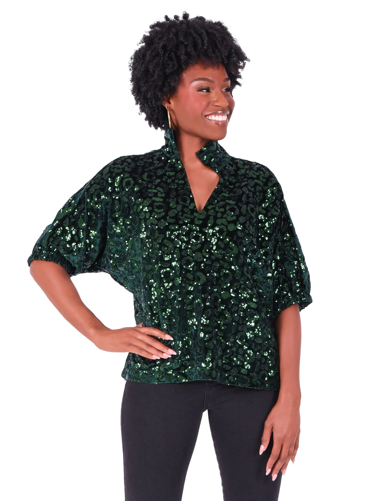 Poppy Top in Green Sequin Cheetah