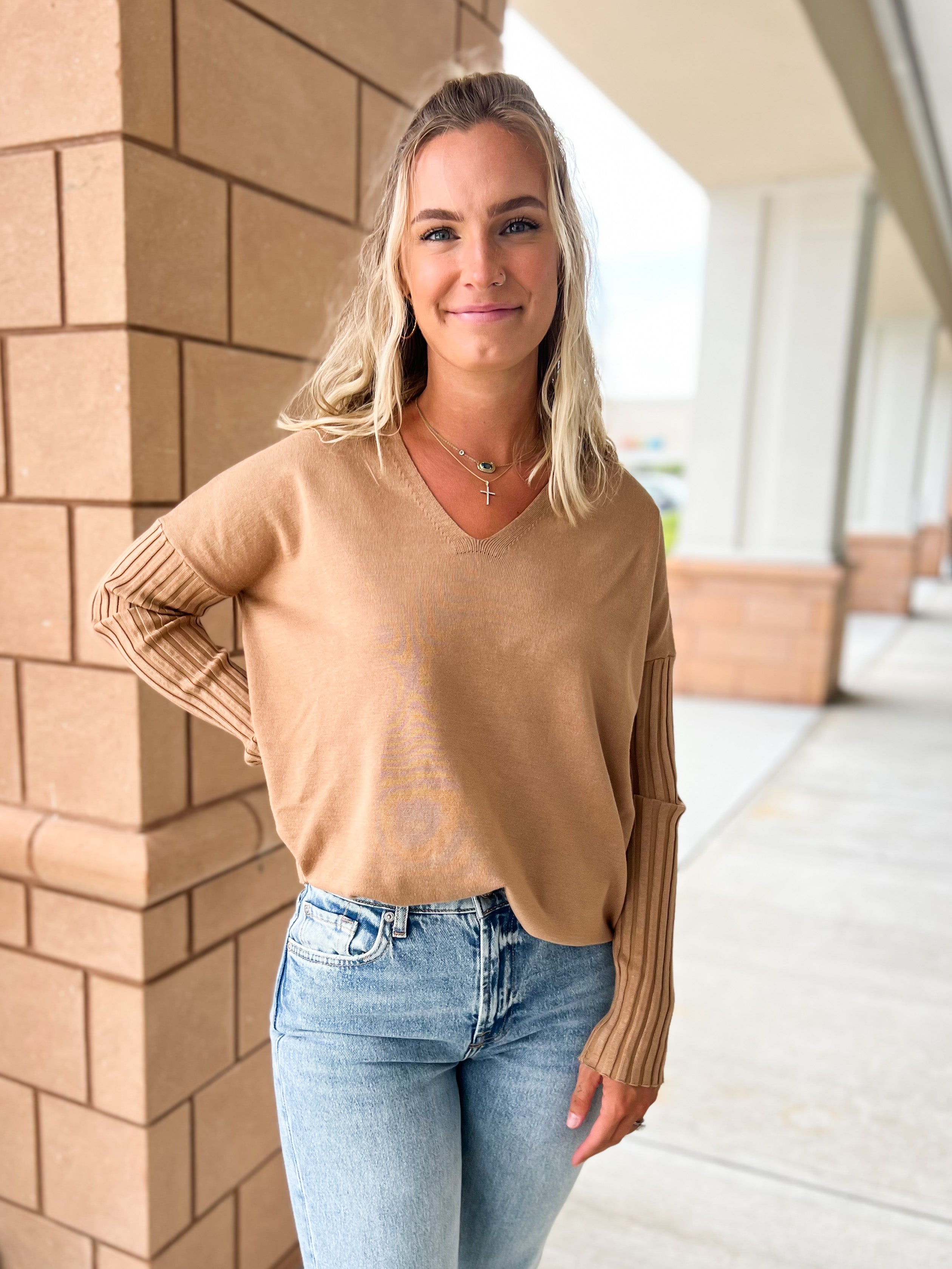 V-Neck Rib Sleeve Sweater