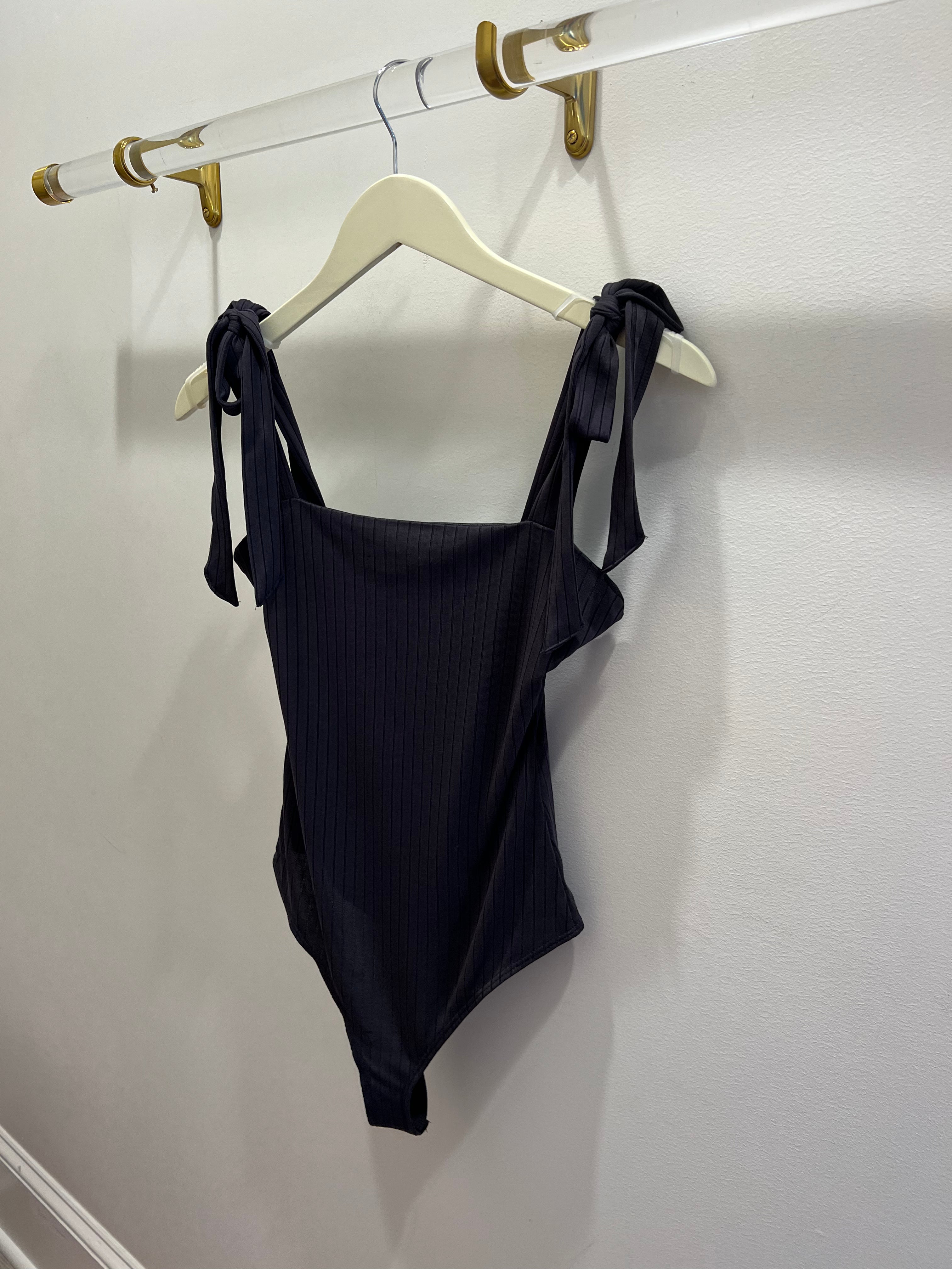 Ribbed Tie Bodysuit in Washed Black