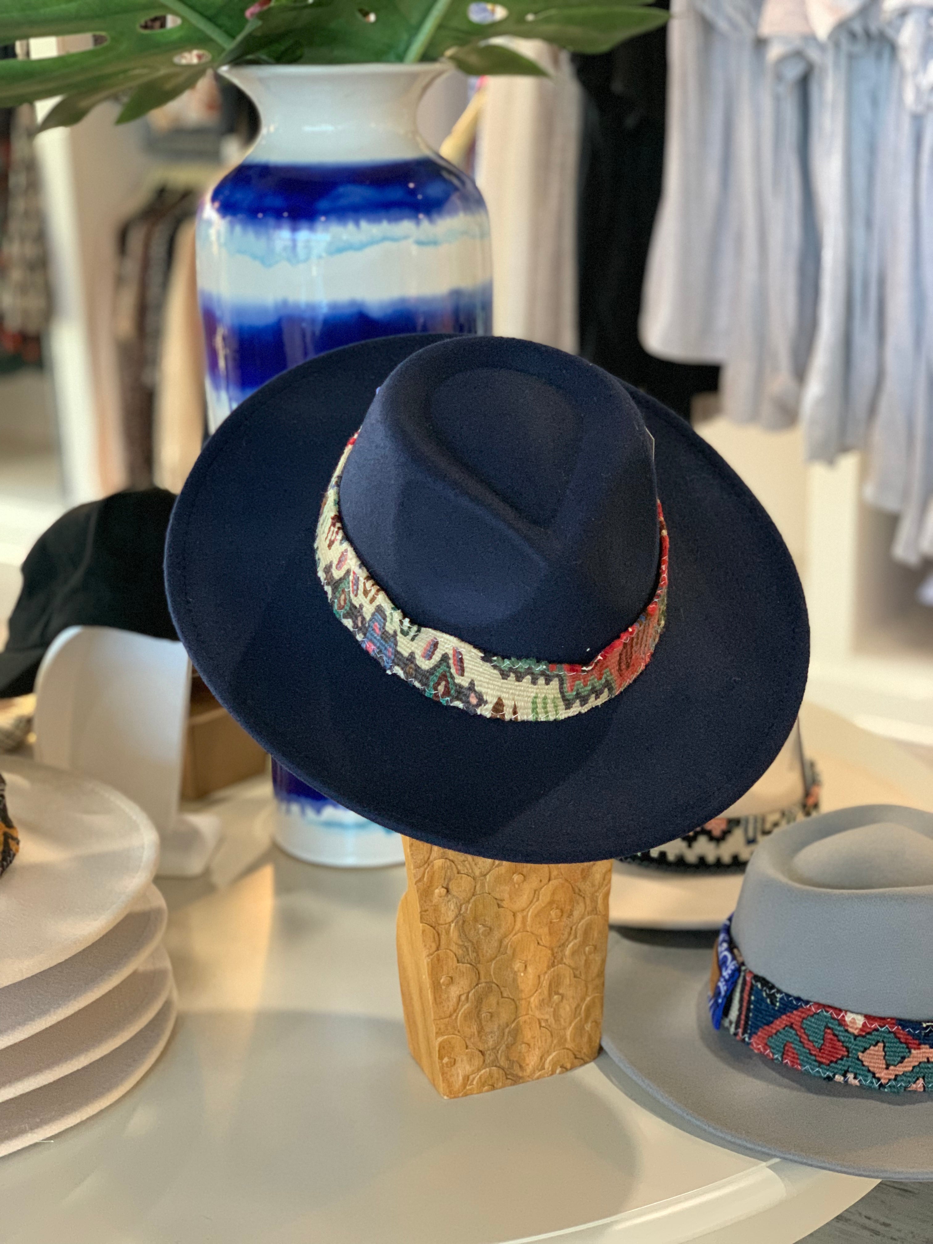 Sundance Navy Wool Hat with Kilim Band