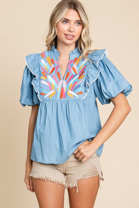 Embroidery Ruffle Top