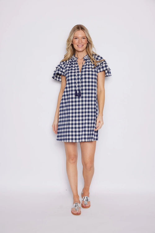 Navy Gingham Tassel Dress