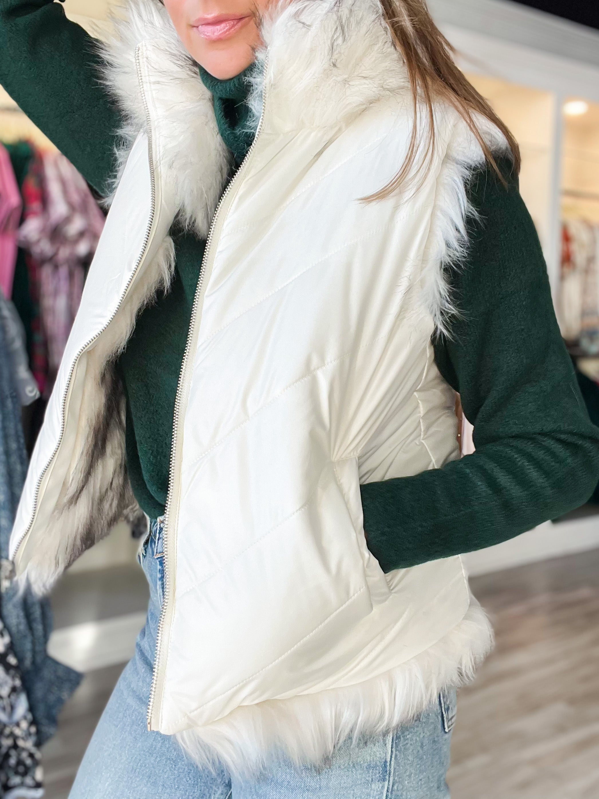 Reversible Faux Fur Vest in Ivory