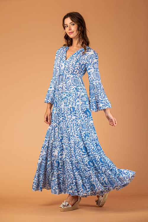 Block Print Flounce Dress in Blue Sunflower