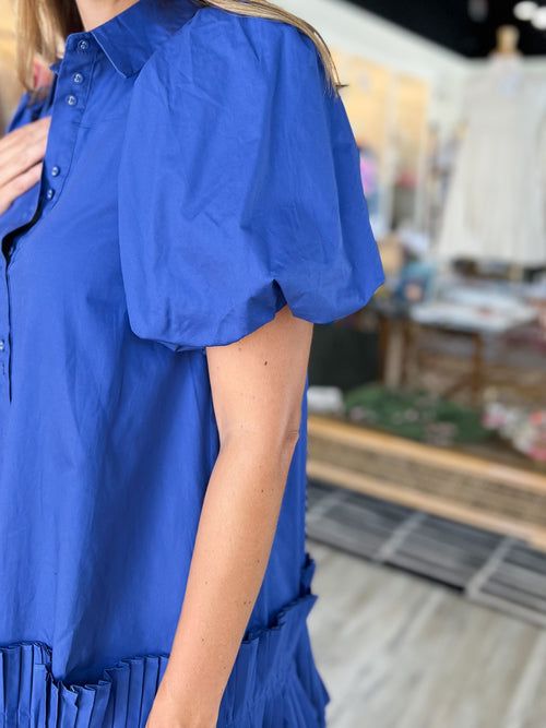 Margot Pleated Hem Shirt Dress in Cobalt