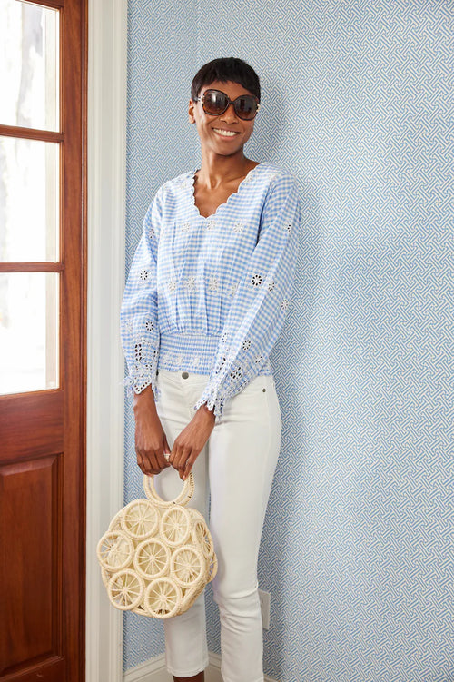 Blue Gingham V-Neck Smock Top