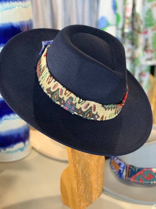 Sundance Navy Wool Hat with Kilim Band